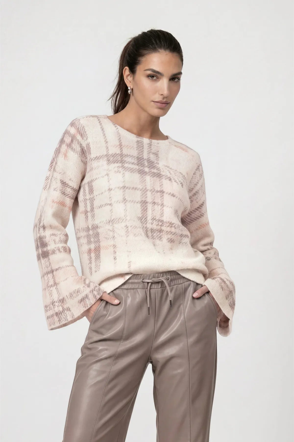 Monari Strickpullover Soft Beauty mit Karomuster – Creme/Rosé