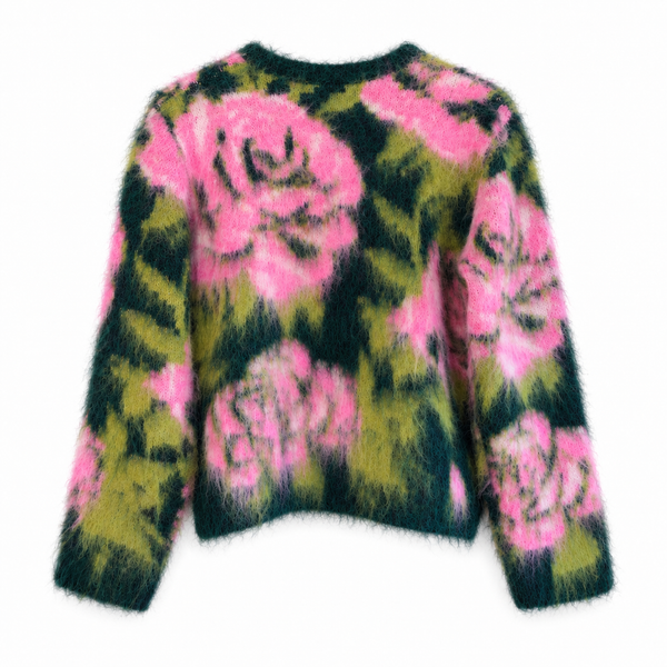 Flauschige Strickjacke Lippi mit Blumenmuster – Deep Forest/Pink Art.-Nr. 211730