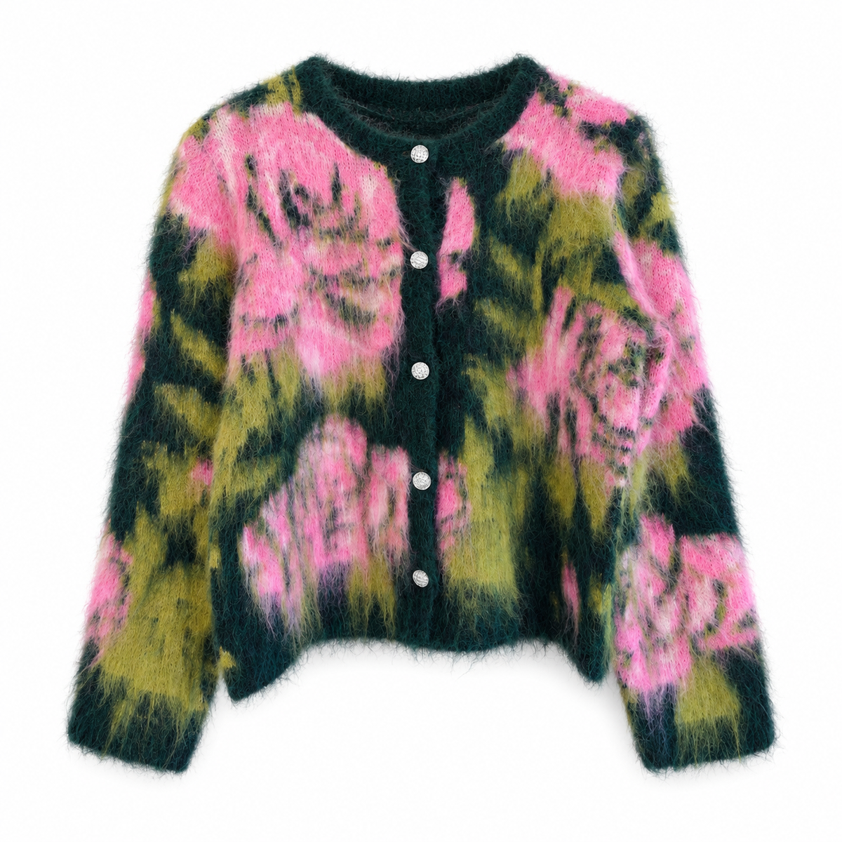 Flauschige Strickjacke Lippi mit Blumenmuster – Deep Forest/Pink Art.-Nr. 211730